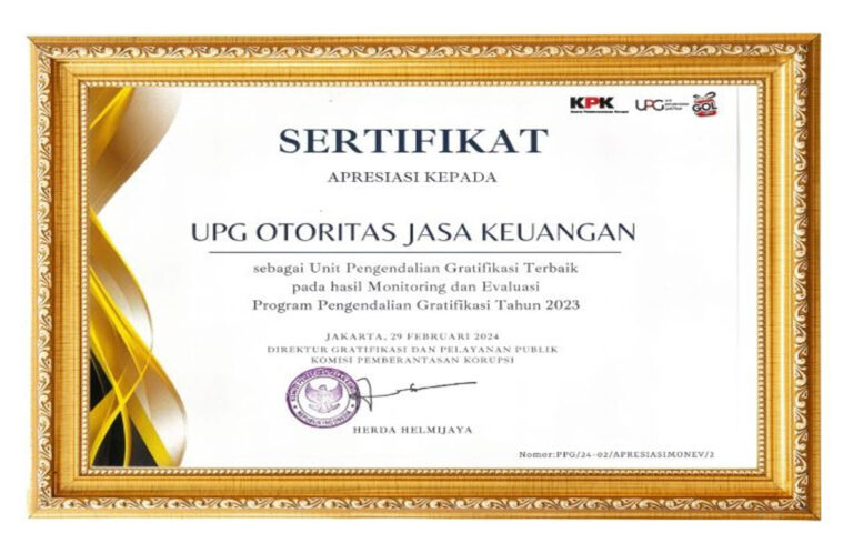 OJK Raih Penghargaan Pengendalian Gratifikasi Terbaik Nasional