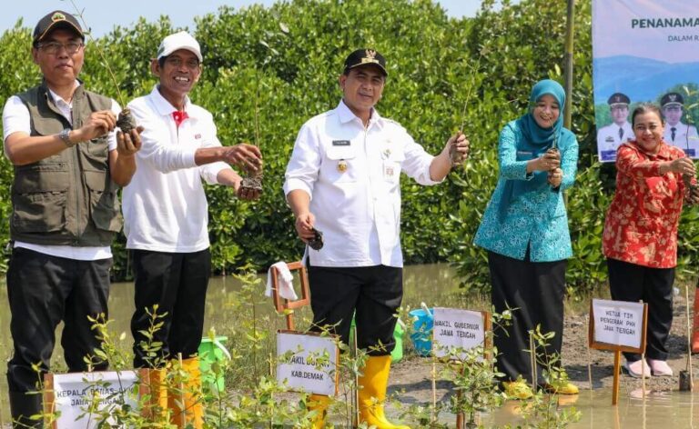 Gubernur Jateng, Taj Yasin Maimoen, saat menanam mangrove bersama warga di Desa Surodadi, Kecamatan Sayung, Kabupaten Demak, Rabu (28/5).(Dok Humas)